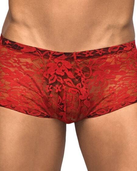 Male Power Stretch Lace Mini Short-Red Medium-Boxed